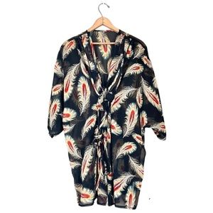 Ellison Feather Print Sheer Kaftan Top Black Size Large Cover Up Summer